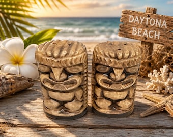Daytona Beach Vintage Tiki Salt and Pepper Shakers Bronze-Tone Wooden Florida Souvenir Polynesian Pop Tiki Bar Decor Gift