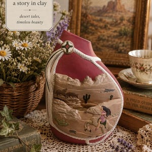 May include: A maroon-colored vase with a desert scene carved into the side. The vase has a white rope design and a decorative emblem. The text on the vase reads "a story in clay, desert tales, timeless beauty."
