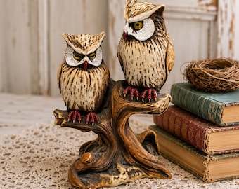 Vintage Owl Figurine Pair Comoy's London Italian Porcelain Owls on Branch, Cottagecore Granny Chic Vintage Home Decor Great Condition