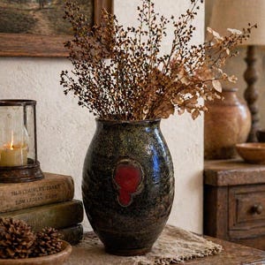 May include: A dark, textured ceramic vase with a red accent holds dried brown branches and flowers. The vase sits on a wooden surface with other decorative items, including books, a candle lantern, and a bowl of pinecones. The overall theme is rustic and vintage.