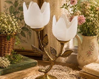 Vintage Mid Century Brass & Frosted Glass Tulip Candelabra Double Flower Candle Holder Hollywood Regency MCM Decor Excellent Condition EB17