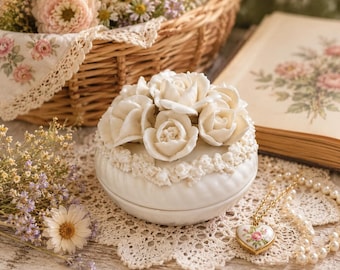 Vintage Ardalt Japan White Rose Trinket Box Porcelain Floral Jewelry Box Vanity Keepsake Cottagecore Decor Great Condition EB19
