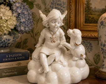 Mikasa Cherub Angel Vintage Figurine with Puppy White Gold Porcelain, Holiday Elegance Christmas Collectible Excellent Condition