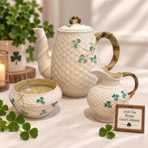 May include: A ceramic tea set featuring a teapot, a creamer, and a sugar bowl with a cream-colored basket-weave texture and green shamrock accents. The creamer sits next to a small wooden sign that reads, Irish Tea Brings Good Company.