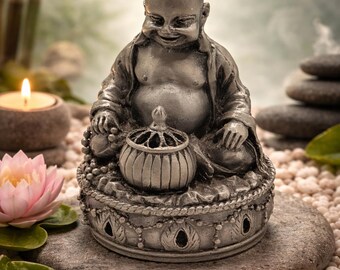 Vintage Laughing Buddha Incense Burner Silver Black Pewter Zen Fang Shui Serenity Meditation Relaxation Mental Health Aid Statue EB3