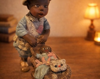 Martha Holcombe #1612 Sarah’s Attic Figurine Vintage Folk Art Child with Wagon Black Americana Collectible Home Decor EB3