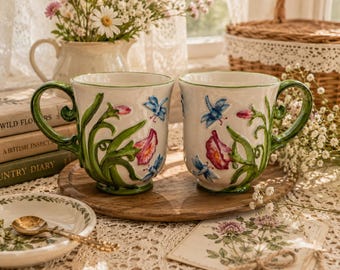 Temptations Dragonfly Mugs Set 12 oz Ovenware Hand Painted Dragonfly Coffee Cups Mugs Cottagecore Kitchen Decor Excellent Condition EB13