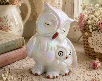 Vintage Lustreware Owl Figurine Mother and Baby Owls Price Products Taiwan Iridescent Ceramic, Cottagecor Decor Great Condition