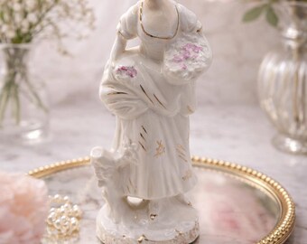 Vintage Porcelain Lady With Flowers Figurine White Dress Pink Rose Flowers Gold Trim Elegant Victorian Style Shabby Chic Vanity Decor EB3