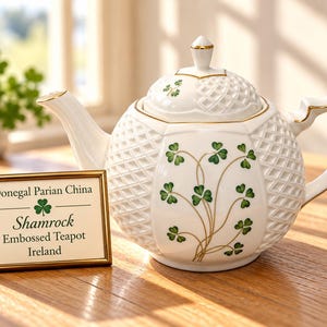 Puede incluir: Una tetera de porcelana blanca con textura de relieve en forma de diamante, bordes dorados e ilustraciones de tréboles verdes. Un letrero dorado dice: Donegal Parian China, Shamrock, Embossed Teapot, Ireland. Incluye una tapa a juego.