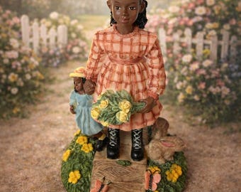Vintage Style Sister Figurine Spring Garden Girls Floral Bouquet Cottagecore Shelf Decor Black Southern Heritage Farm Style Statue EB2