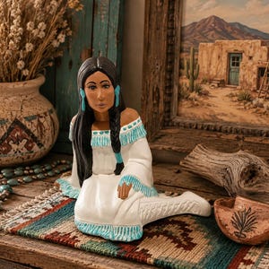May include: A ceramic figurine of a Native American woman in a white dress with turquoise accents. She has long black hair and is kneeling on a colorful rug. The background includes a vase with dried flowers, a painting of a desert scene, and decorative items.