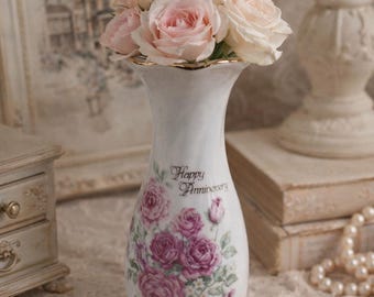 Vintage 1990 Betty Whiteaker Happy Anniversary Vase – Enesco Japan Porcelain Rose Floral Gold Trim Romantic Gift Decor Shabby Chic