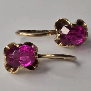 Vintage Soviet Gold Ruby Earrings 583 | 14K Gold | Yerevan Jewelry Factory | Red Gemstone Earrings | 3.1g