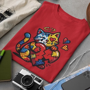 Pode incluir: Uma camiseta vermelha com um gráfico colorido de um gato segurando um coração partido, com detalhes de coração e halo. A camiseta é cercada por um caderno, câmera, chapéu e outros acessórios.