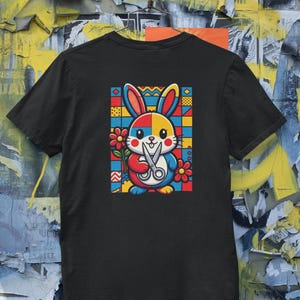 May include: Black t-shirt featuring a colorful cartoon rabbit holding scissors and flowers. The rabbit design is in red, yellow, blue, and white, set against a geometric background. The shirt is hanging on a metal hanger.