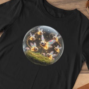 Puede incluir: Camiseta negra con un gráfico redondo de hadas brillantes dentro de una burbuja. También se muestran pantalones cortos verde oliva con un estampado de cocodrilo, sandalias marrones y un cojín marrón con forma de perro.