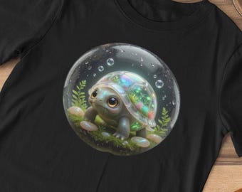 Camiseta infantil de tortuga fantástica, camiseta de tortuga mágica adorable, camiseta del mundo de burbujas encantadas, camiseta gráfica de criatura de la naturaleza kawaii