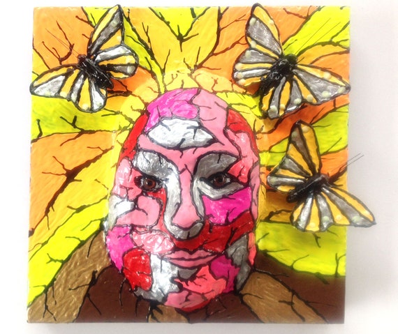 Butterflies And Female Face Modern Art Paintingsculpture Original 12x12 By Anthony Saldivar