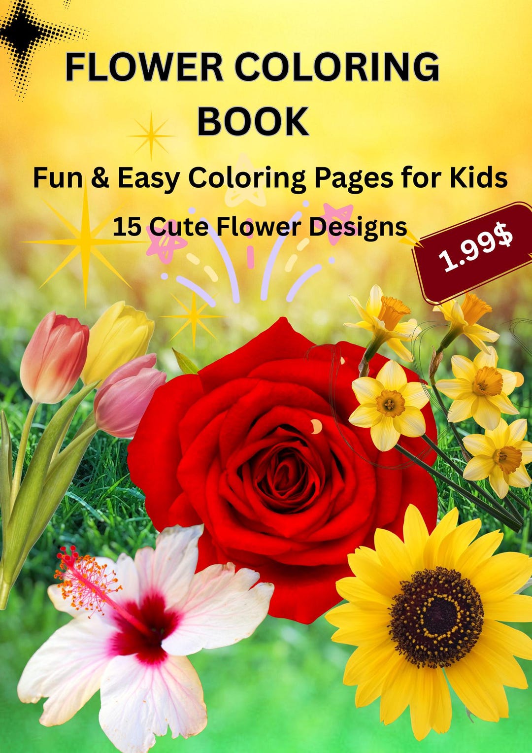 Flower Coloring Book for Kids, Printable PDF, 15 Designs (digital ...