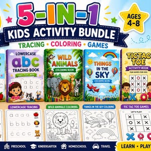 May include: A 5-in-1 kids activity bundle featuring 108+ printable pages including a capital ABC tracing book, lowercase ABC tracing book, wild animals coloring book, things in the sky coloring book, and a tic tac toe activity book for ages 4-8.