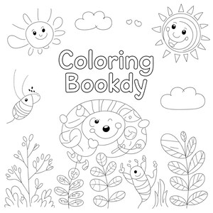 Può includere: Illustrazione in bianco e nero di una pagina di libro da colorare. La pagina presenta soli sorridenti, nuvole, un insetto e fogliame. Il testo "Coloring Bookdy" è al centro della pagina.