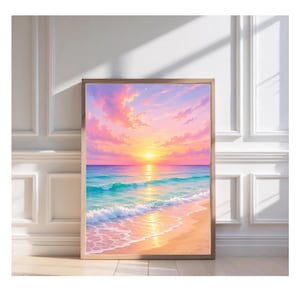 May include: A framed art print depicts a vibrant sunset over a beach. The sky is filled with pink, orange, and purple hues, reflecting on the turquoise ocean waves. The sandy beach is in the foreground, with the sun setting on the horizon.