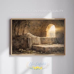Könnte beinhalten: Ein gerahmter Druck mit einer ruhigen Innenszene mit Steinstufen und einem von Sonnenlicht durchfluteten Bogenportal. Ein weißes Tuch liegt auf einem Steinsims, mit verstreuten weißen Blumen. Der Text "HIGH RESOLUTION PREMIUM QUALITY 3840*2160" ist sichtbar.