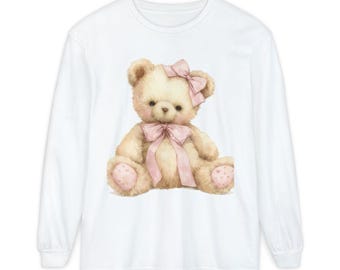 Vintage Teddy Bear Long Sleeve T-Shirt | Watercolor Plush, Pink Bow