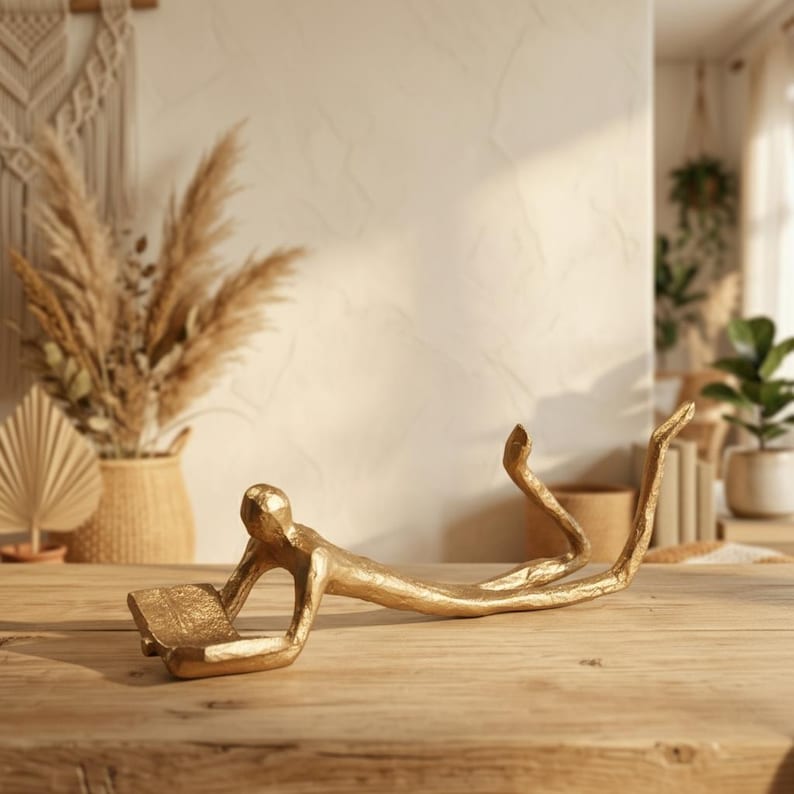 Skulptur för läsande man, dekor av bokälskare, abstrakt läsarstaty Guld