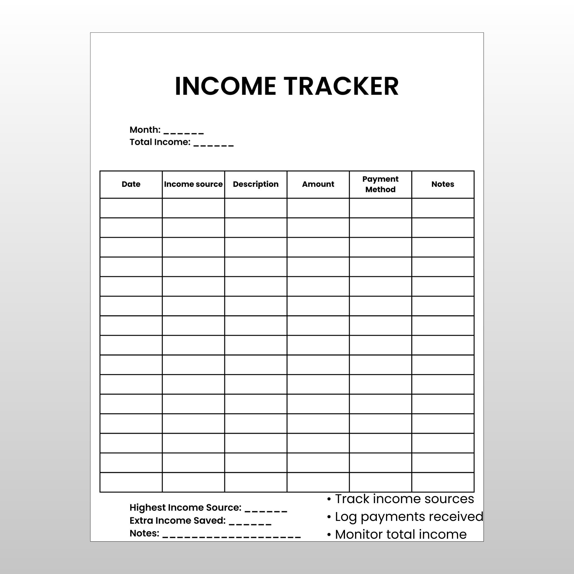 Income Tracker Printable | Monthly Log | Side Hustle Tracker | Budget ...
