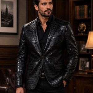 Men’s Black Crocodile Embossed Leather Blazer, Genuine Leather Jacket, Luxury Exotic Style Coat, Handmade Formal Sport Coat, Gift for Him