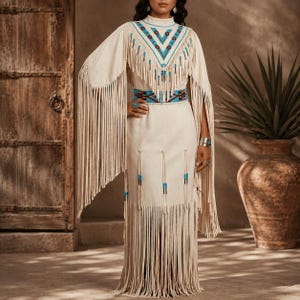 Abito da donna in pelle con frange, abito western in pelle con perline, abito ispirato ai nativi americani, completo da cowgirl per festival, abito in camoscio fatto a mano