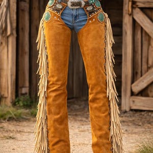 May include: Brown suede chaps with long fringe detailing along the sides. The chaps are worn over blue jeans and a decorative belt with turquoise accents. The image is taken outdoors.
