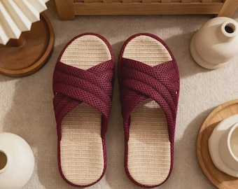 Pantuflas japonesas de lino, calzado transpirable para estar en casa en verano, sandalias antideslizantes para interiores.