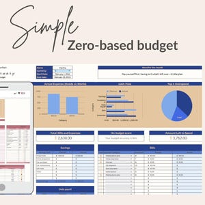 Puede incluir: Una plantilla digital de planificación financiera con el texto "Simple Zero-based budget". La imagen muestra una hoja de cálculo con gráficos y rastreadores, un teléfono inteligente que muestra un presupuesto e iconos para un tutorial de YouTube y Google Sheets.