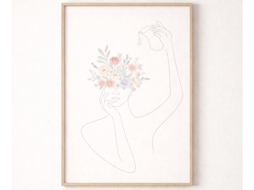 Minimalist Woman Line Art Print, Floral Face Wall Art, Feminine Neutral ...