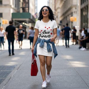 May include: A woman wearing a white t-shirt with the words "Love Forever" and red heart graphics. She is also wearing a white dress, a denim jacket tied around her waist, and white trainers. She is carrying a red tote bag.