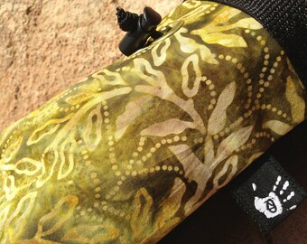 Tan and Green Island Flowers Batik Chalkbag Rock Climbing Bag Fleece Lined