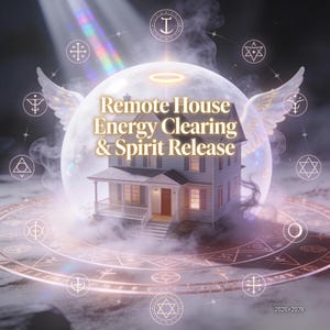 May include: A digital illustration featuring a two-story house enveloped in a glowing orb, with angel wings and a halo. The text "Remote House Energy Clearing & Spirit Release" is displayed. Mystical symbols surround the house, with a dark background and light beams.