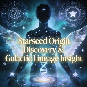 May include: Digital art featuring a celestial figure with outstretched arms, wings, and a galaxy backdrop. The image includes the text "Starseed Origin Discovery & Galactic Lineage Insight" in gold lettering, along with geometric and star elements.