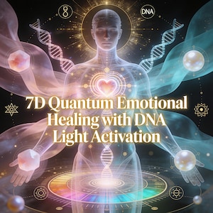 Puede incluir: Obra de arte digital que presenta una figura humana translúcida con un corazón brillante y hebras de ADN. La imagen incluye el texto "7D Quantum Emotional Healing with DNA Light Activation" y varias formas geométricas y orbes.