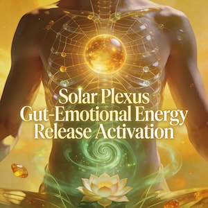 Op de afbeelding: Digitale illustratie van een persoon met een gloeiende zonnevlecht. De afbeelding bevat de tekst "Solar Plexus Gut-Emotional Energy Release Activation" in goud. Een lotusbloem en wervelende groene energie bevinden zich onderaan.