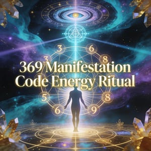 May include: An artistic digital illustration featuring the text "369 Manifestation Code Energy Ritual" in gold. The image depicts a silhouetted figure standing in front of a cosmic background with geometric shapes, numbers, and crystals.
