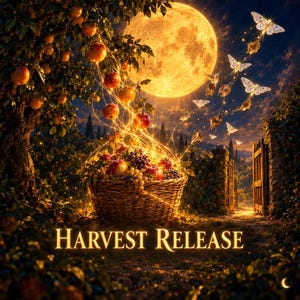 May include: A woven basket filled with assorted fruits sits beneath a large, glowing full moon. Golden light swirls from the fruit toward white butterflies in the night sky. The text HARVEST RELEASE is displayed in gold at the bottom of the image.