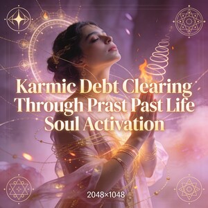 May include: A digital illustration features a woman with closed eyes, hands clasped in prayer, and adorned with gold jewelry. The image has text that reads "Karmic Debt Clearing Through Prast Past Life Soul Activation."