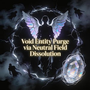 May include: A digital art piece featuring a silhouetted angel with iridescent wings, surrounded by a dark, swirling background. The text "Void Entity Purge via Neutral Field Dissolution" is displayed. A crystal is in the lower right.
