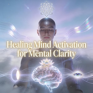 May include: Digital artwork showing a person with closed eyes, a lotus flower, and a glowing brain. The image includes the text "Healing Mind Activation for Mental Clarity" in gold lettering, set against a cloudy sky background with celestial elements.