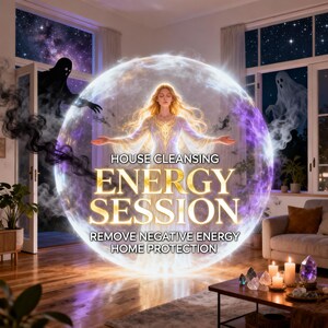 May include: An ethereal image promoting an energy session. A woman with flowing blonde hair stands within a glowing orb, with text reading "HOUSE CLEANSING ENERGY SESSION, REMOVE NEGATIVE ENERGY, HOME PROTECTION." Dark figures and a ghost-like form are visible.
