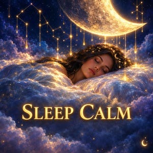 May include: A person with dark hair sleeping peacefully amidst soft, glowing blue and purple clouds under a bright golden crescent moon. Golden light droplets hang from the sky like stars. The text SLEEP CALM is centred in gold lettering.